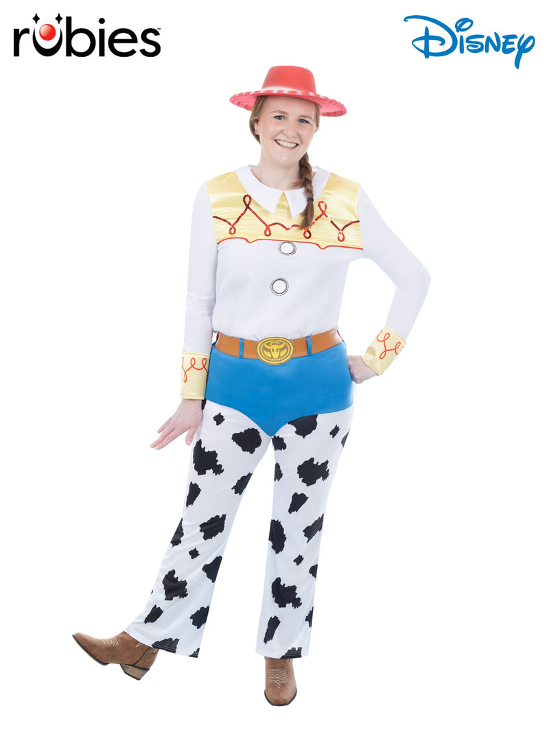Womens Jessie Cowgirl costume with white shirt, cow-print chaps, and red hat