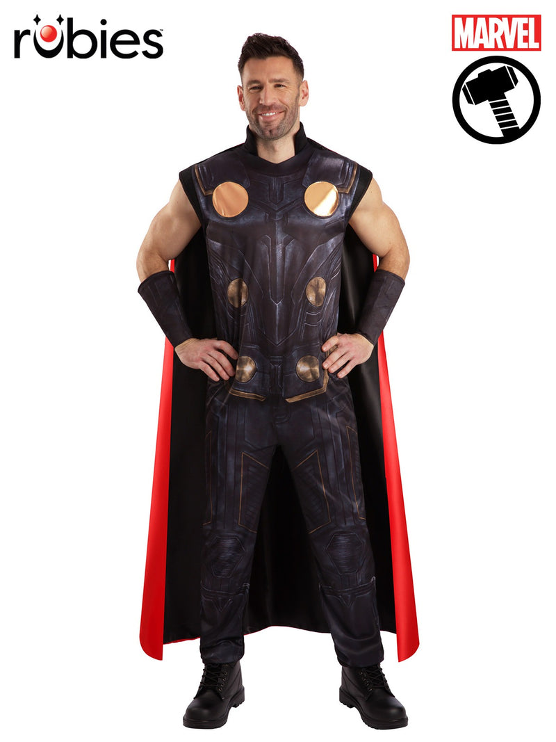 Mens Thor costume showing full black and bronze printed jumpsuit with red cape