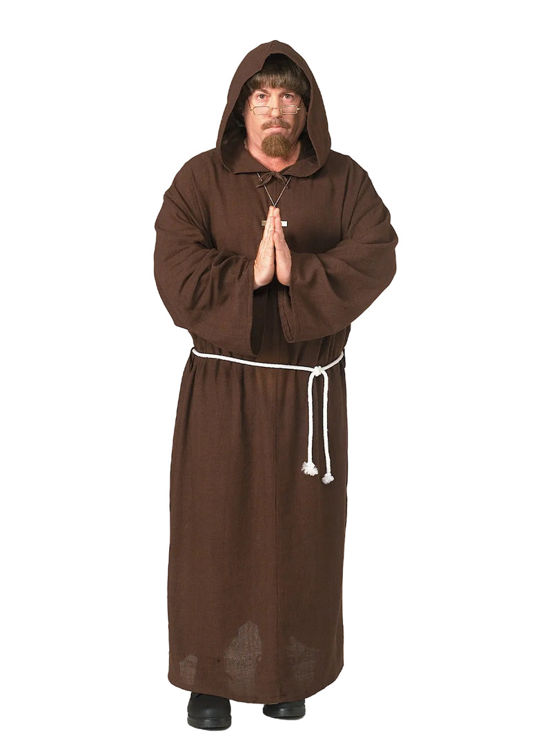 Adult in brown monk robe with hood up and rope belt, holding cross