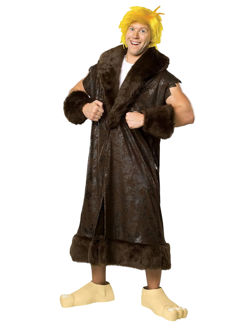 Adult Barney Rubble costume with brown tunic, fur trim and blonde wig