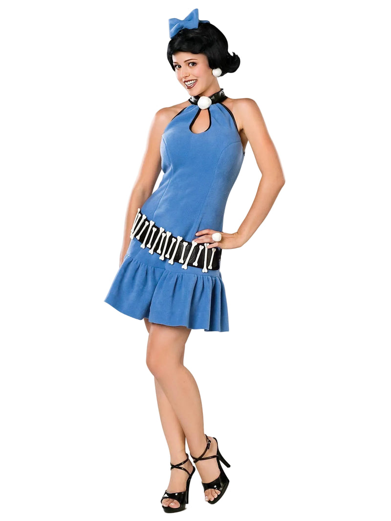 Womens Betty Rubble Costume blue halter dress with bone belt and black wig