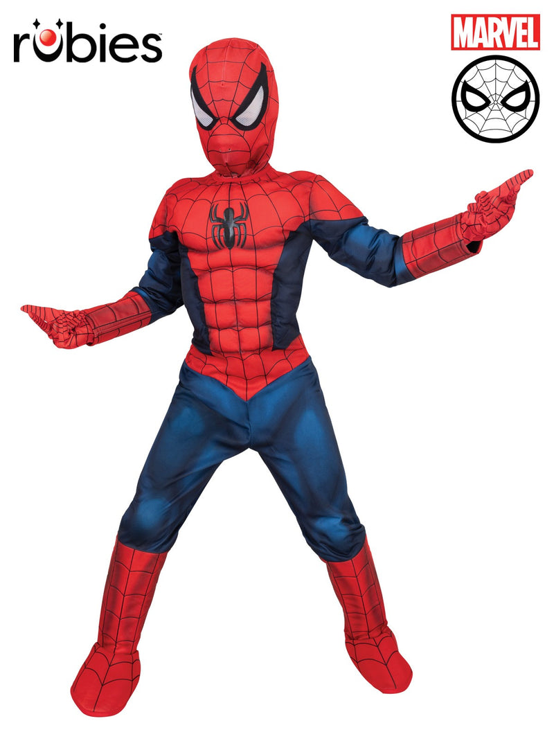 Kids Spider-Man Iron Spider costume front view showing padded red and navy jumpsuit with black spider emblem and web pattern