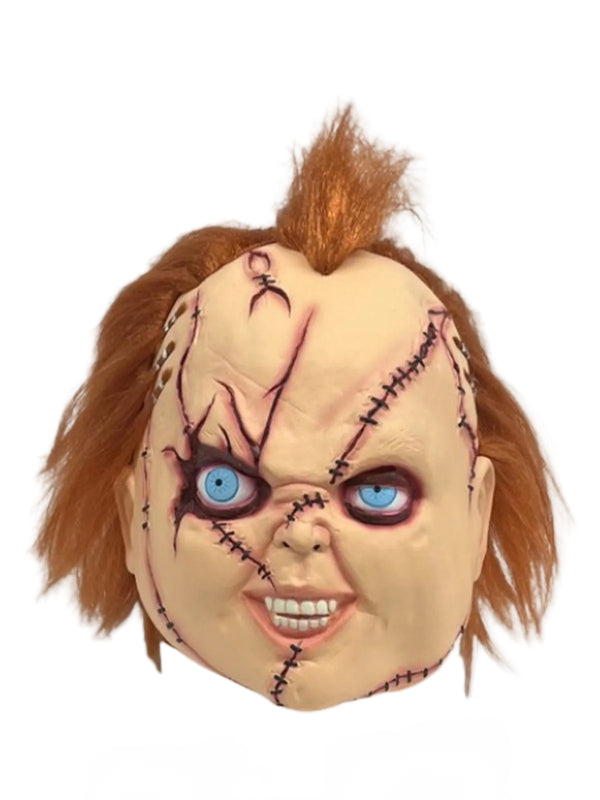 Adult Chucky overhead mask with painted stitches and orange hair