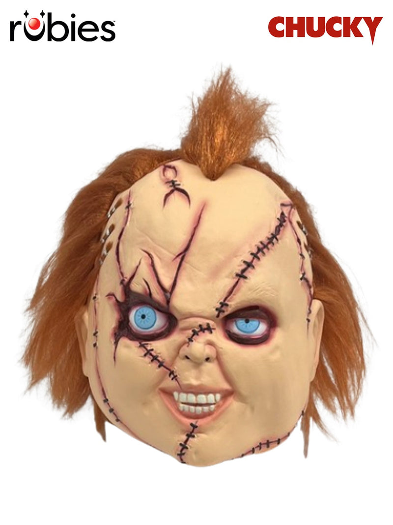 Adult Chucky overhead mask with painted stitches and orange hair