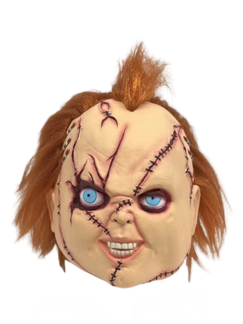 Adult Chucky overhead mask with painted stitches and orange hair