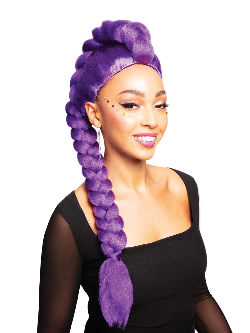 Adult Rumi wig with long purple braid and crown knot detail from K-Pop Demon Hunters