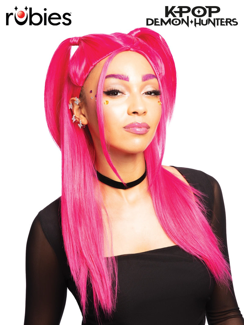 Adult hot pink Mira wig with dual side ponytails from K-Pop Demon Hunters Netflix series