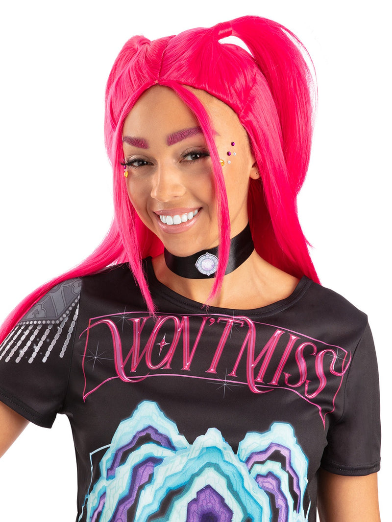 Close-up of K-Pop Demon Hunters Mira wig showing center part and long straight pink fiber