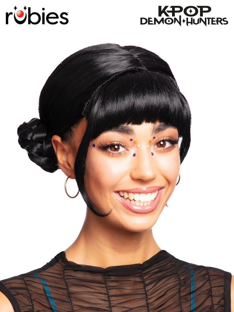 K-Pop Demon Hunters Zoey wig with black hair, blunt fringe, and dual low buns at back