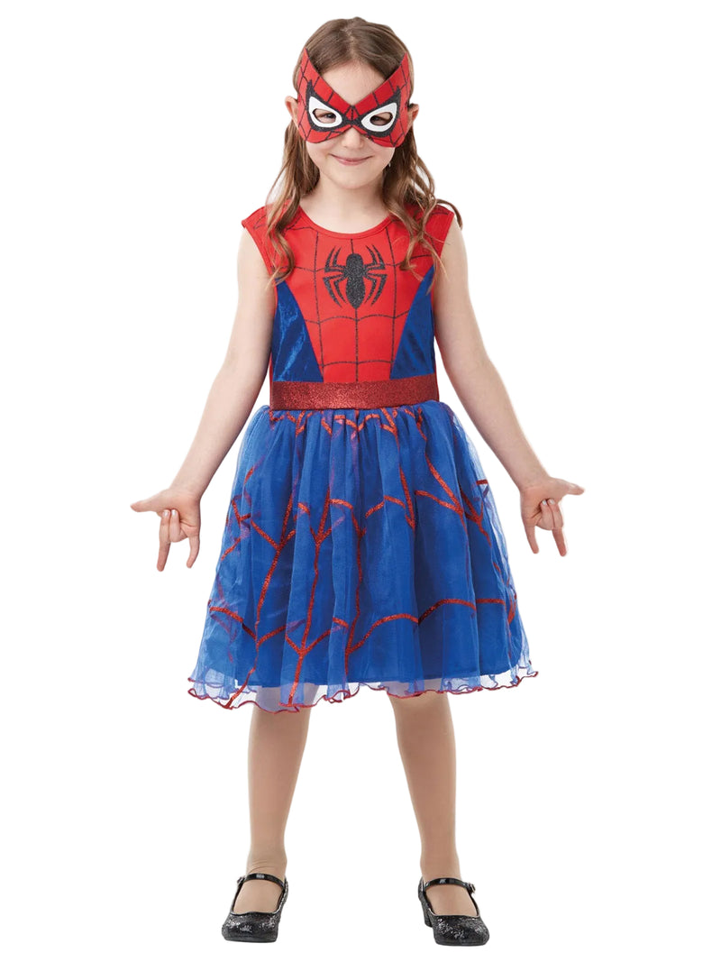 Girls Spider-Girl tutu costume with red and blue velour bodice, glitter spider emblem, and layered tulle skirt