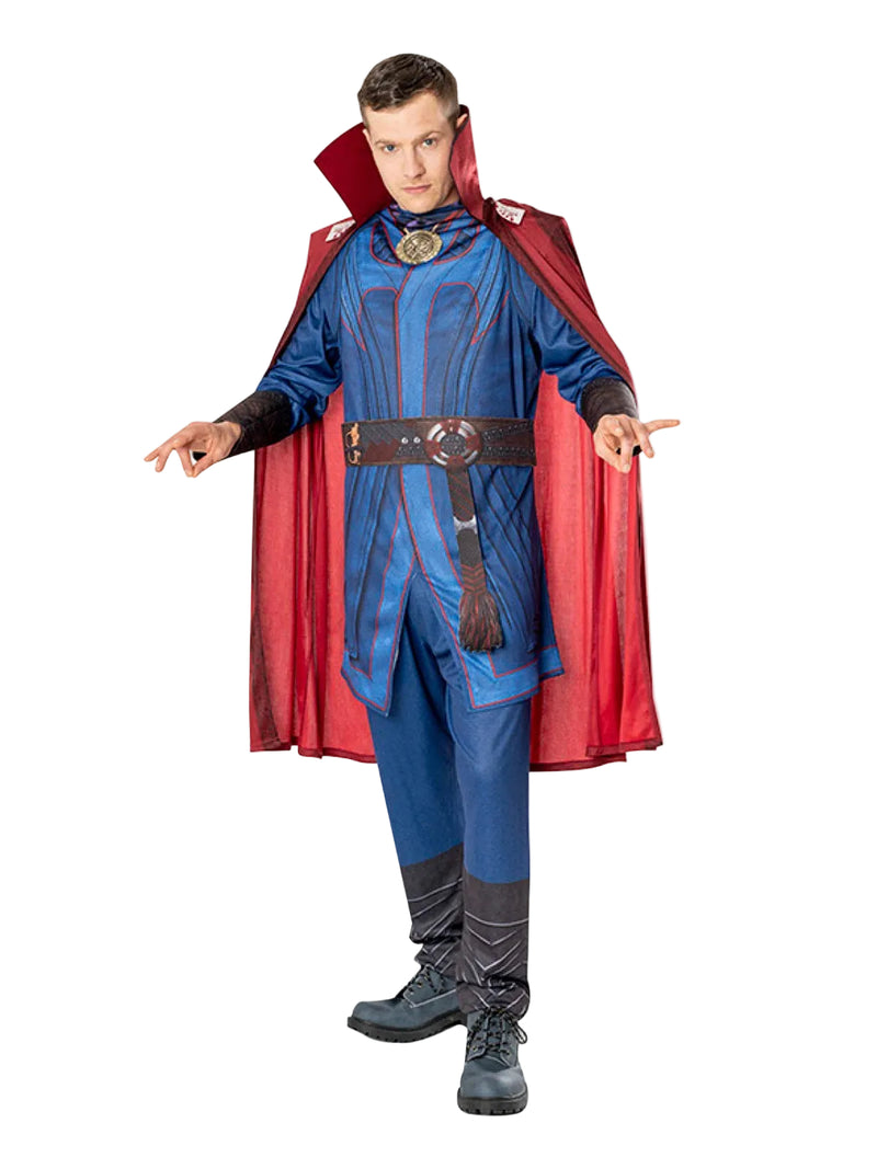 Adult Dr. Strange costume with royal blue tunic, red Cloak of Levitation, and Eye of Agamotto medallion