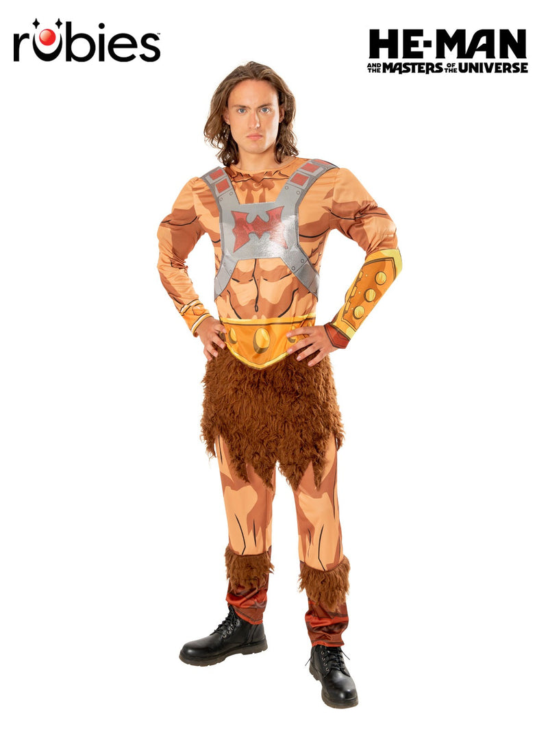 Adult He-Man costume jumpsuit with printed muscle detail and silver chest harness