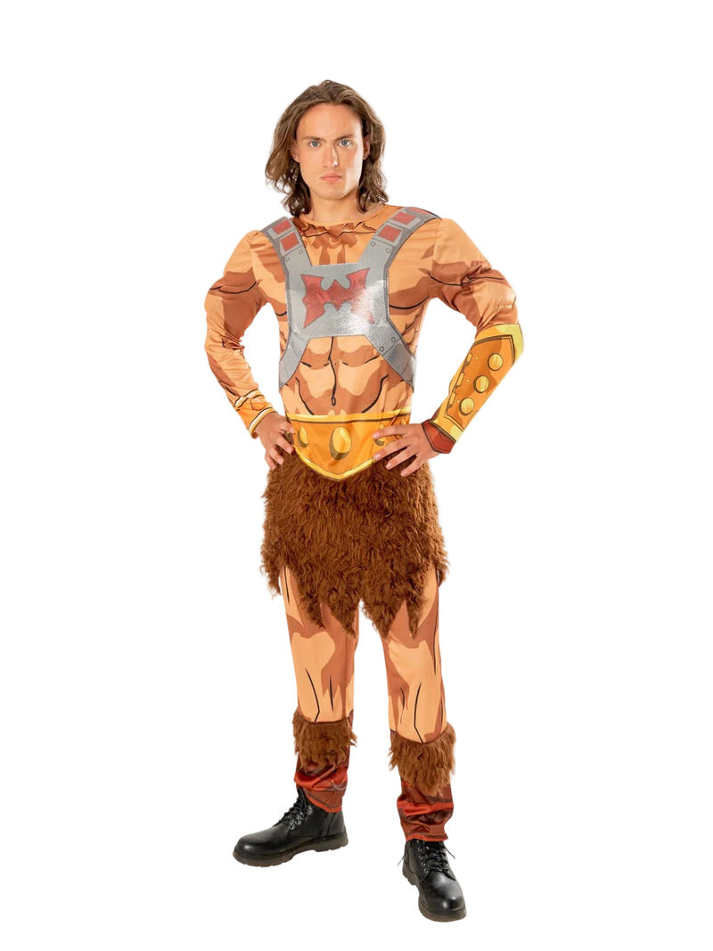 Adult He-Man costume jumpsuit with printed muscle detail and silver chest harness