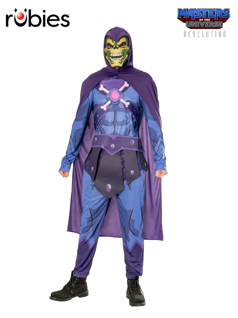 Adult Skeletor costume from Masters of the Universe with blue muscle jumpsuit and green skull mask