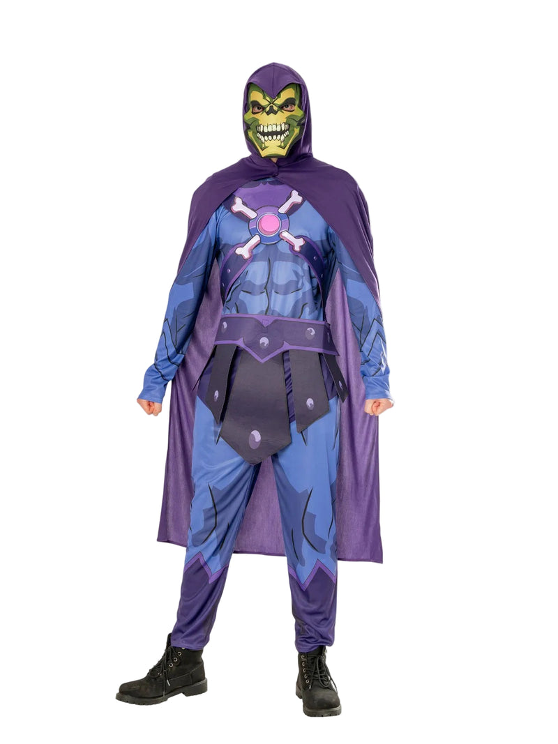 Adult Skeletor costume from Masters of the Universe with blue muscle jumpsuit and green skull mask