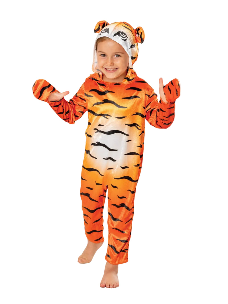 Kids tiger costume full-length orange jumpsuit with black stripes and 3D ears