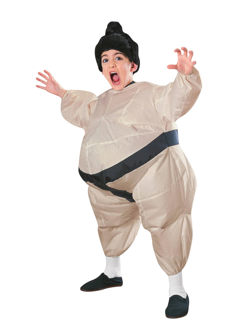 Adult inflatable sumo wrestler costume with black belt detail and topknot wig