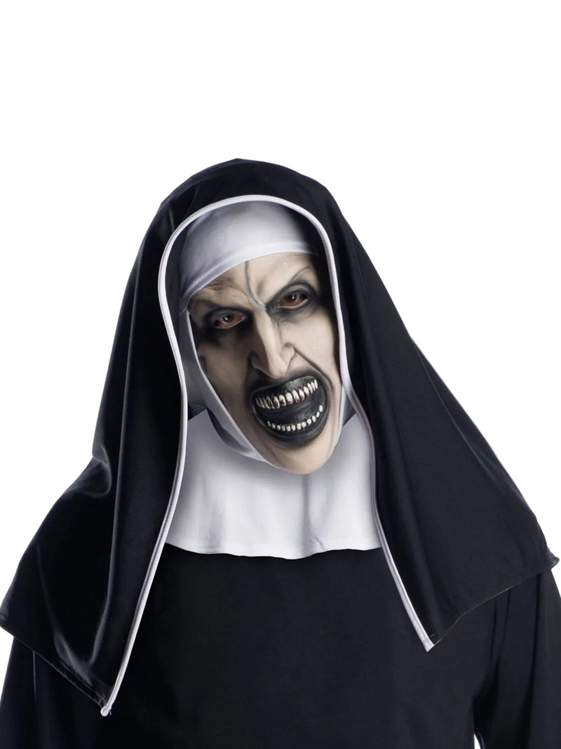 Adult The Nun mask with attached black headpiece showing painted demon face and white trim