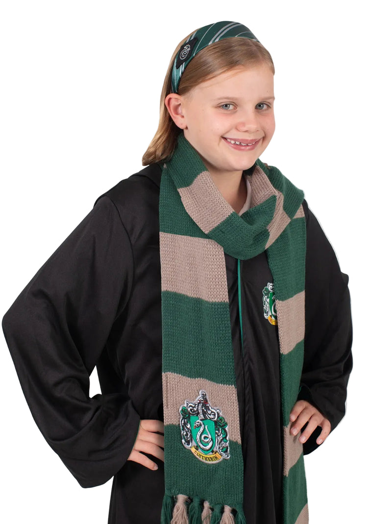 Kids Harry Potter Slytherin headband and scarf set in green and silver with house crest