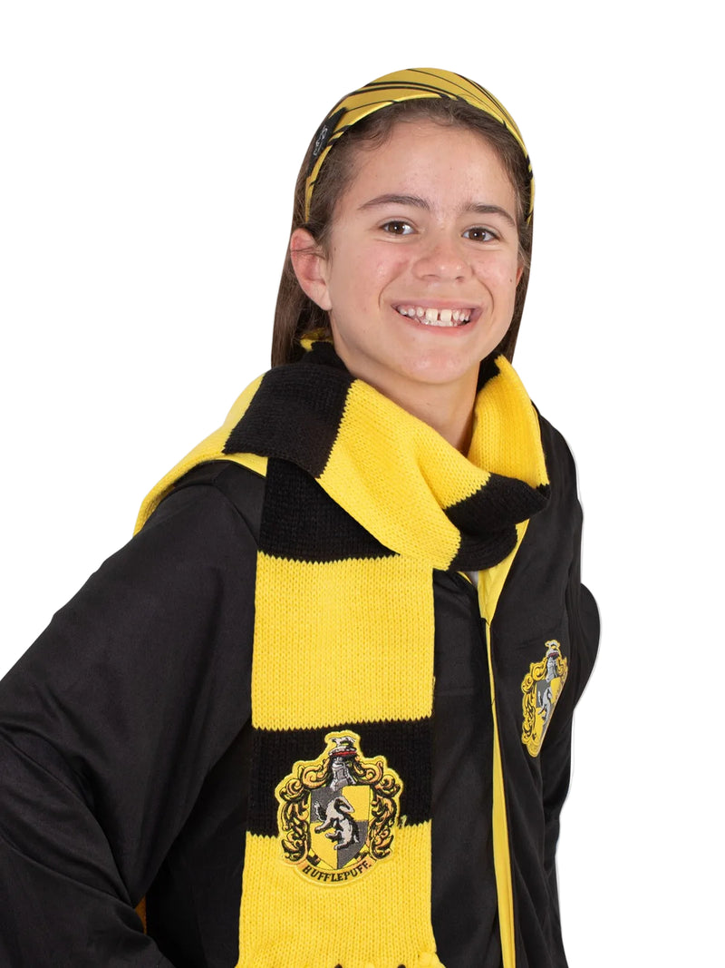 Kids Harry Potter Hufflepuff headband and scarf set in yellow and black stripes with house crest