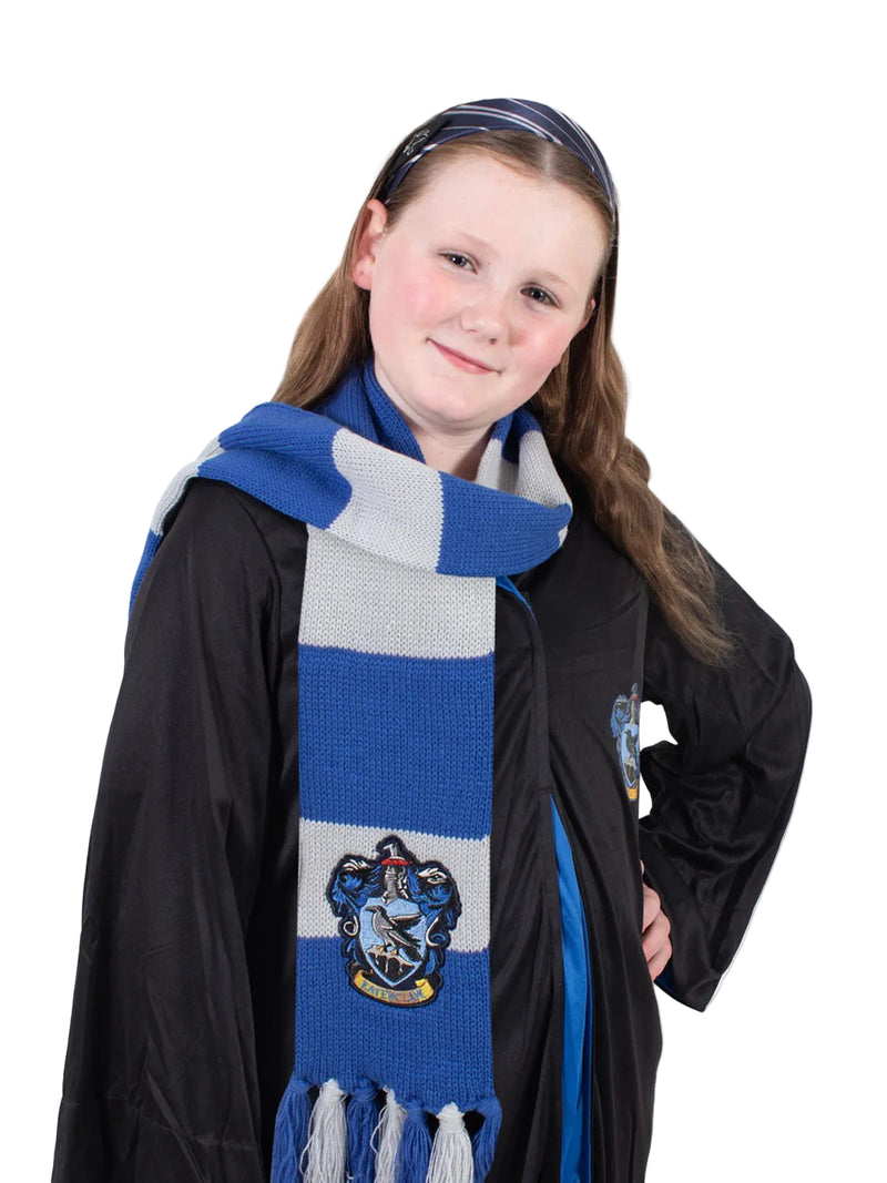 Harry Potter Ravenclaw headband and scarf set in blue and bronze house colors with eagle emblem