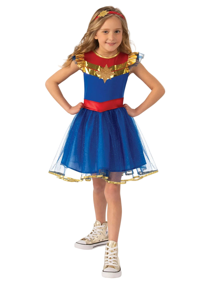 Kids Captain Marvel tutu costume with royal blue bodice and gold star emblem