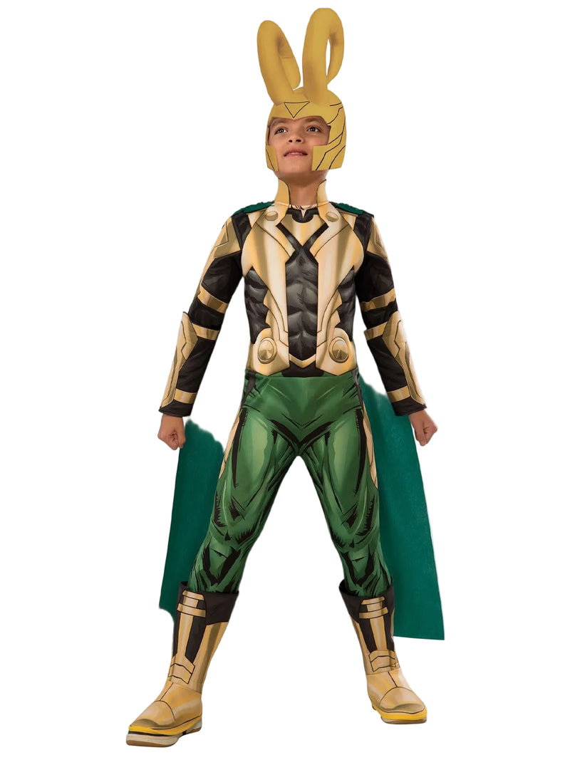 Kids Loki costume with gold horned helmet and green cape