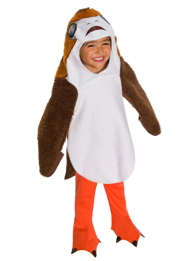 Child wearing white and brown Porg costume with hooded face and wing sleeves