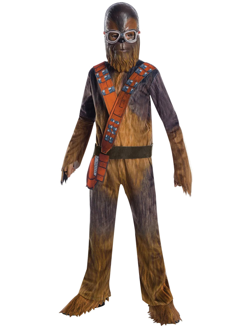 Kids Chewbacca costume with brown fur-print jumpsuit and bandolier