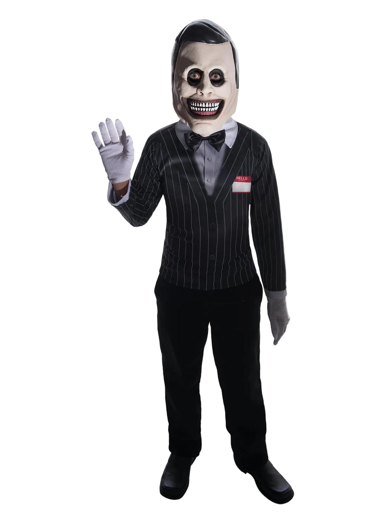 Kids creepy salesman costume with pinstripe jacket, ghoul mask, and white gloves on child model