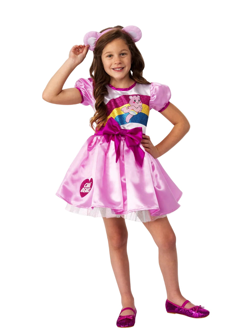Kids Care Bears Cheer Bear pink tutu dress costume with rainbow belly badge and bow