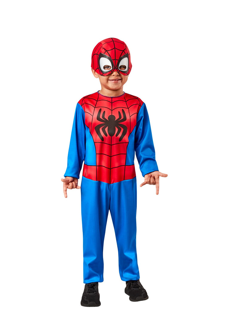 Close-up of Spider-Man costume torso showing digital-printed webbing pattern and spider emblem on red fabric