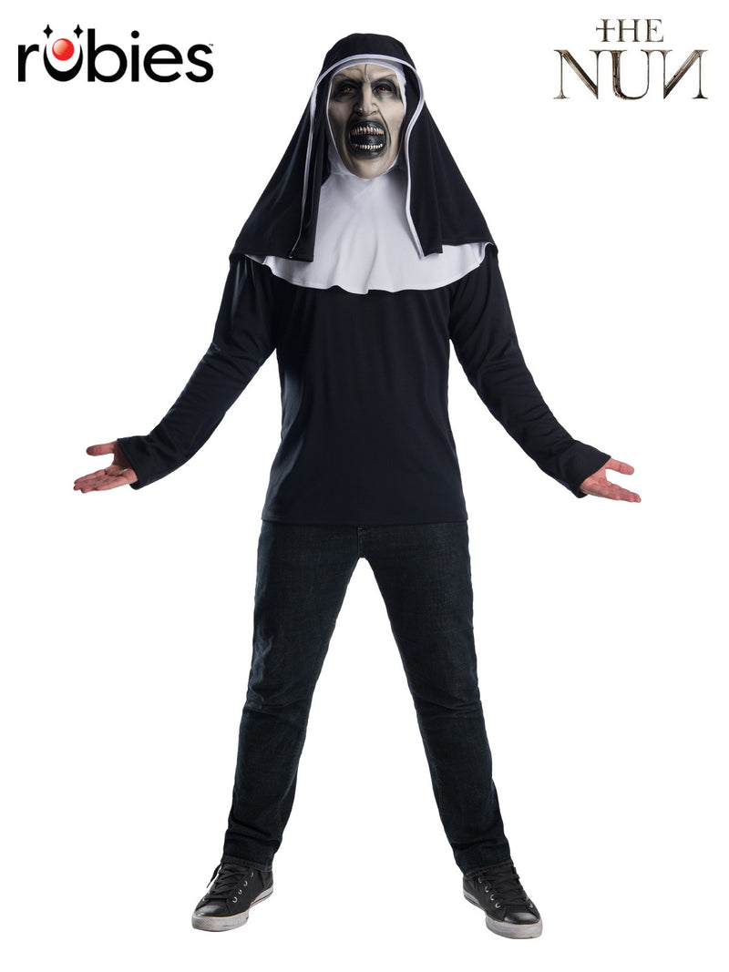 Adult The Nun costume with black habit top, white hood and yoke, headpiece, and demonic vinyl mask