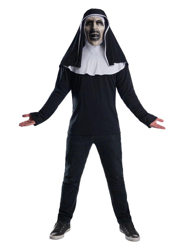 Adult The Nun costume with black habit top, white hood and yoke, headpiece, and demonic vinyl mask