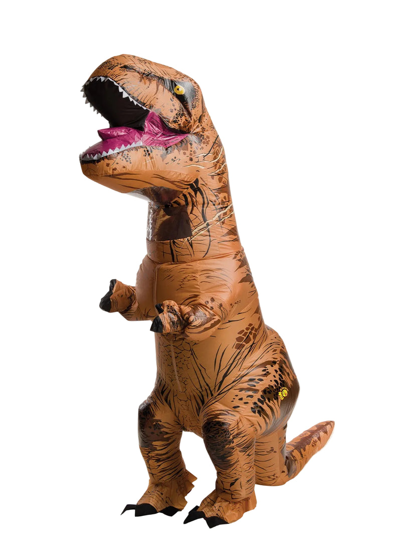 Kids wearing tan and brown T-Rex inflatable costume with open mouth and small arms