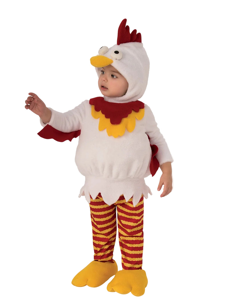 Toddler chicken costume with white plush body, red feather collar, and 3D googly-eyed hood