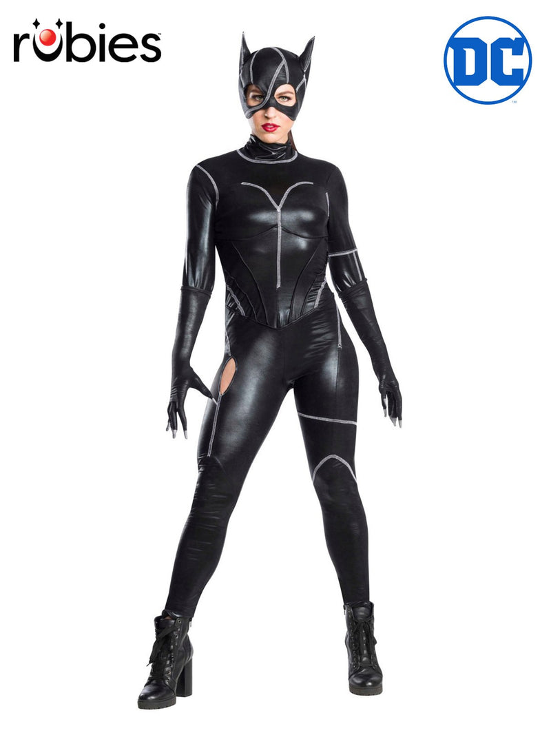 Womens Catwoman costume full body black lycra jumpsuit with silver stitching