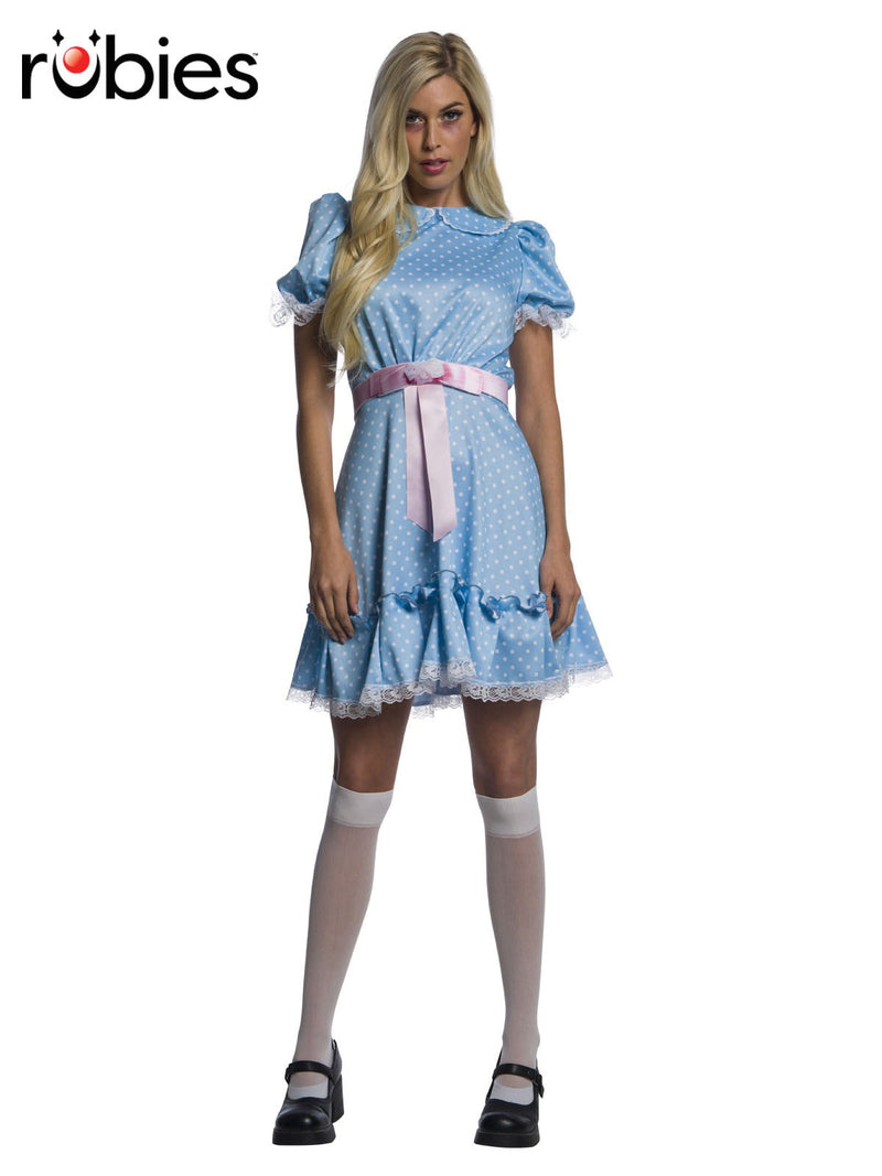 Womens horror twin costume with light blue polka dot dress and pink belt
