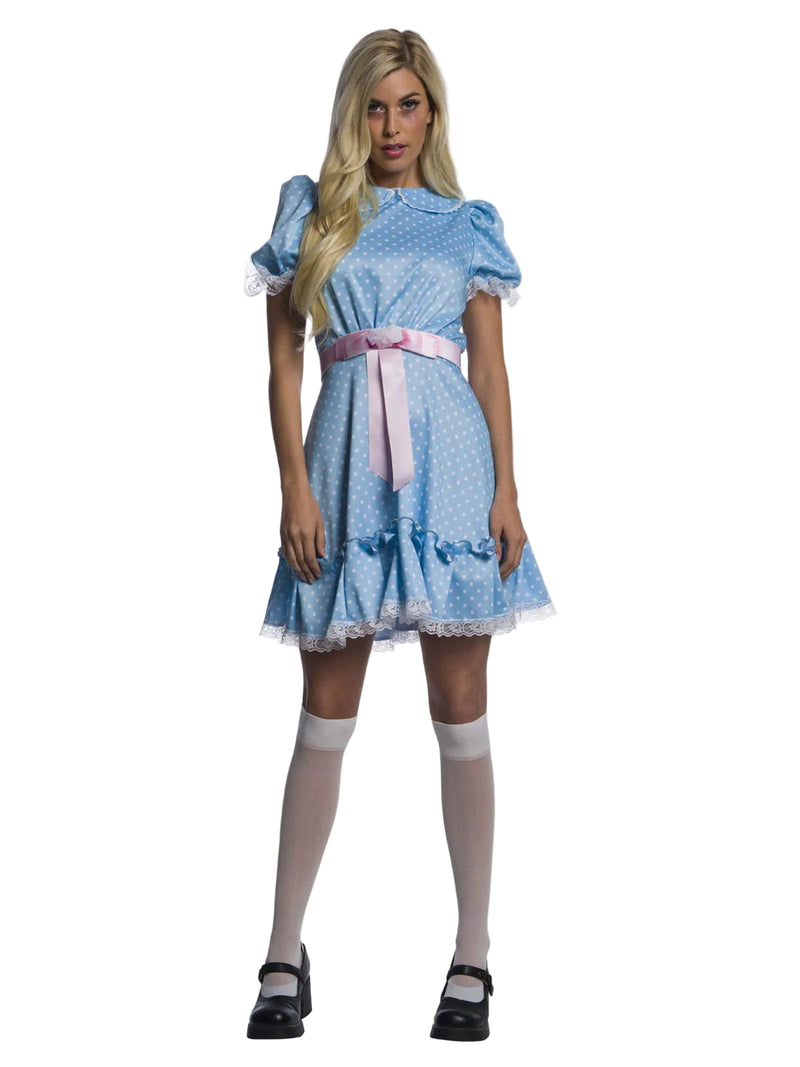 Womens horror twin costume with light blue polka dot dress and pink belt