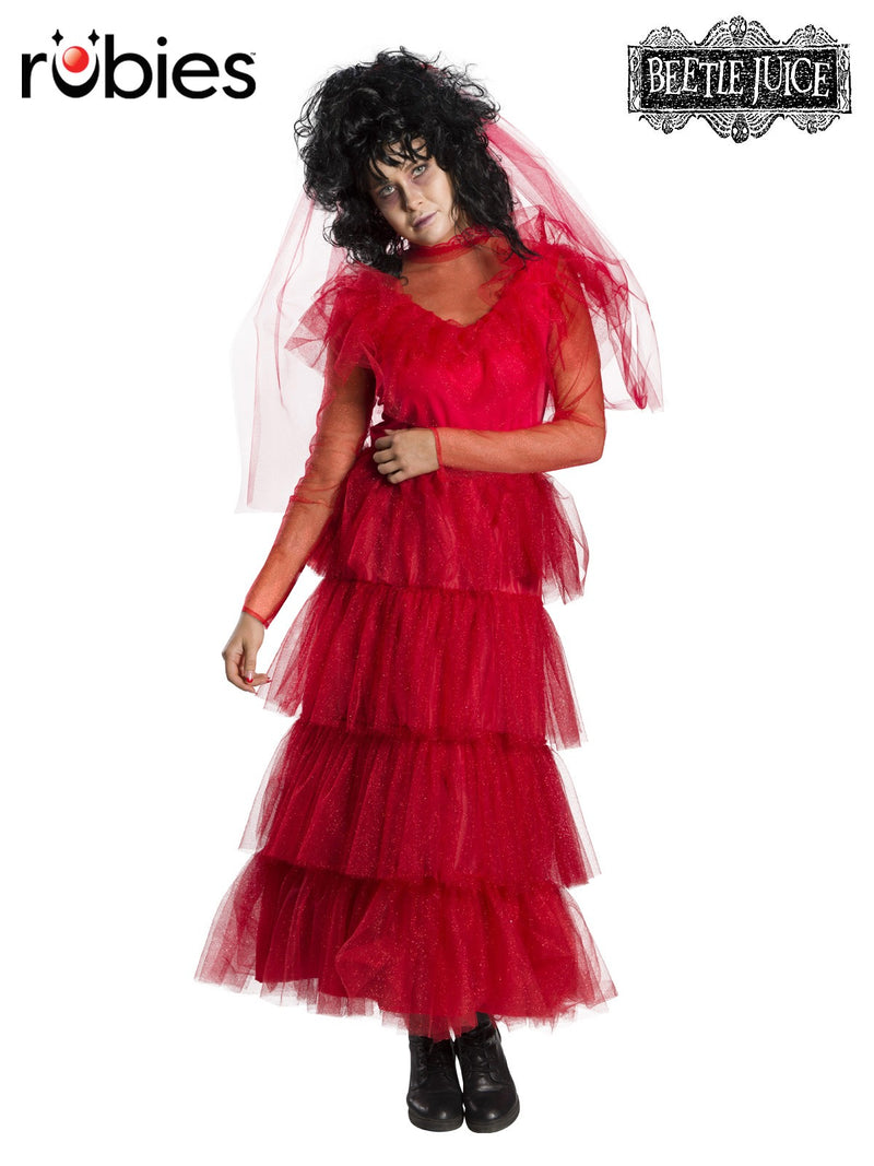 Womens Lydia Deetz red wedding dress costume with tiered ruffled skirt and matching veil