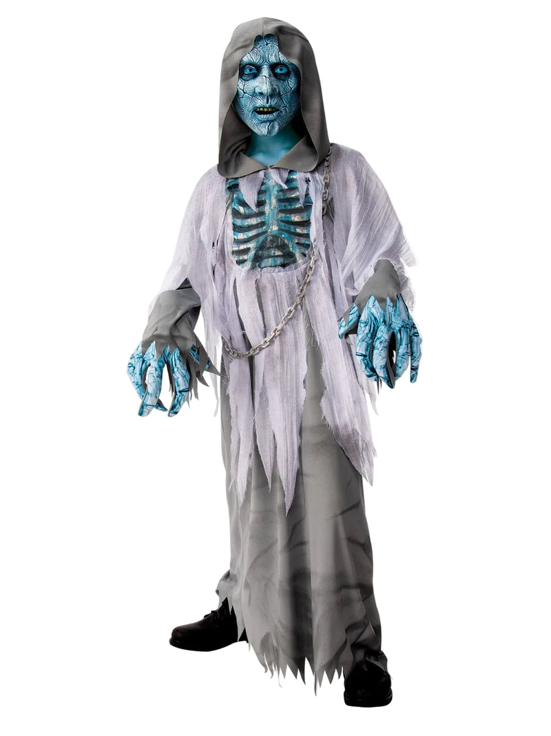 Kids white demon costume with tattered grey robe and blue skeletal ribcage detail