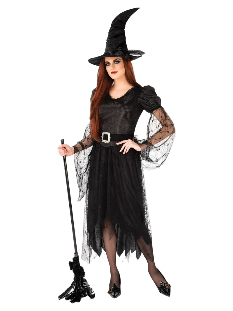 Womens black witch costume dress with silver bodice highlights and spider web lace sleeves