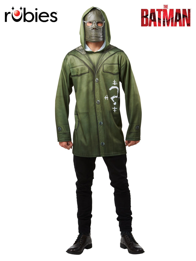 Mens Riddler costume with olive green hooded jacket and question mark logo