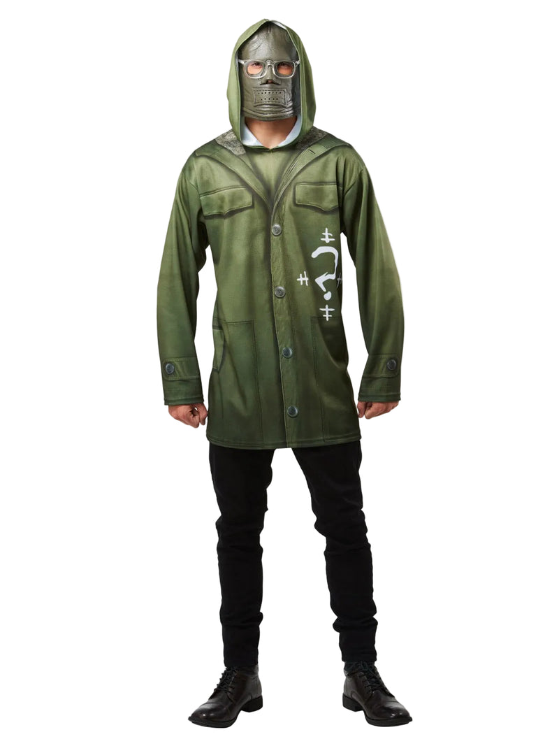 Mens Riddler costume with olive green hooded jacket and question mark logo