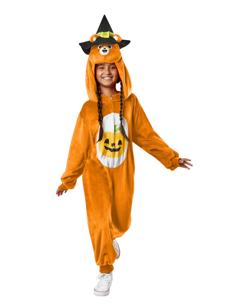Kids Care Bears Trick Or Sweet costume orange plush jumpsuit with pumpkin belly badge and witch hat