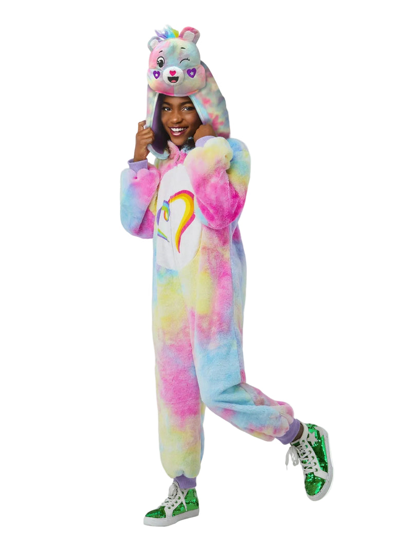 Kids Care Bears Togetherness Bear costume with rainbow tie-dye jumpsuit and heart belly badge