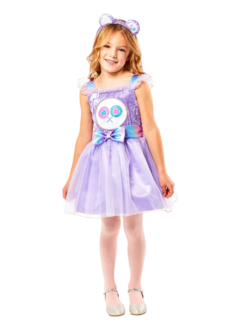 Kids Share Bear Care Bears purple tutu dress costume with rainbow ombre sash and lollipop belly badge