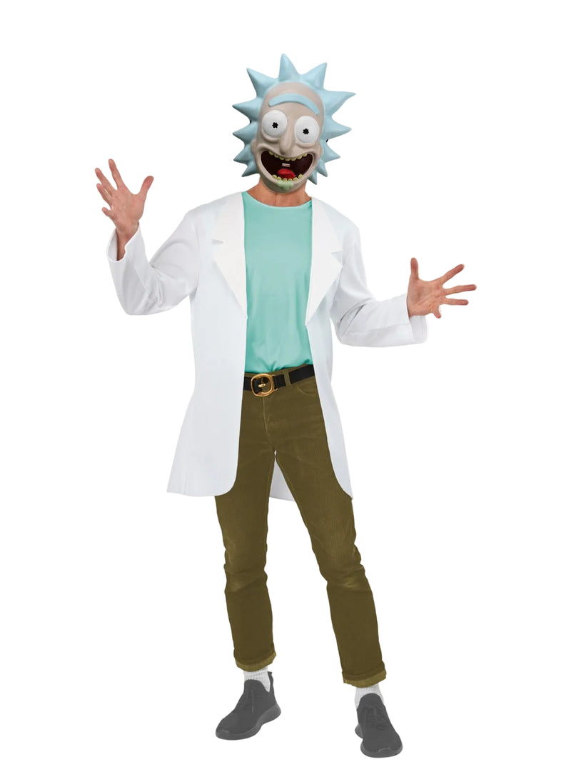 Adult Rick Sanchez costume with teal printed top, white lab coat and character mask