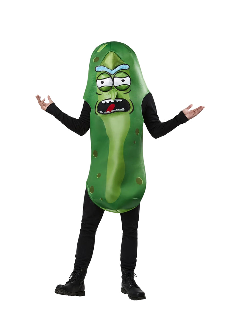 Adult Pickle Rick costume front view showing green tunic with printed face and textured pickle spots
