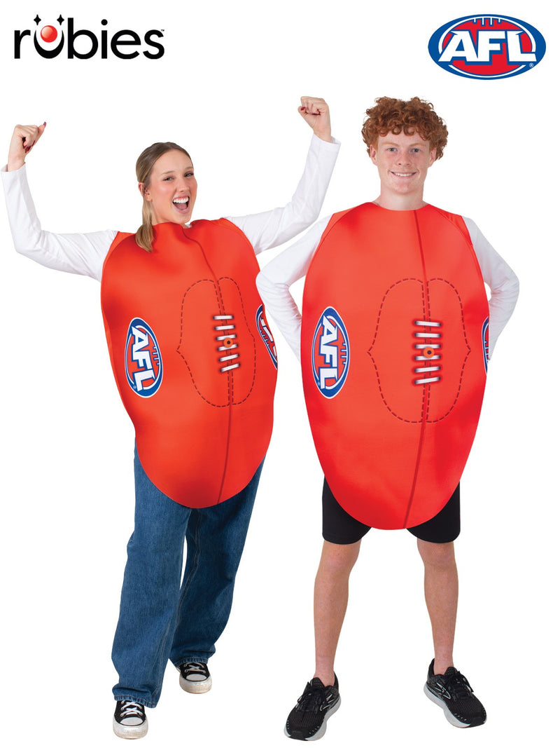 Adult wearing red AFL football tabard costume with photo-realistic Sherrin print and white lacing detail